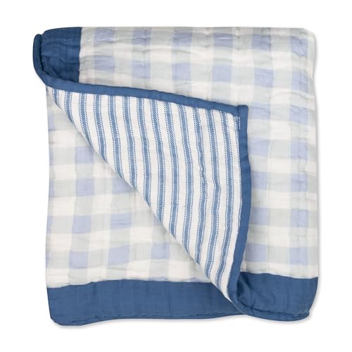 Image of HonestBaby Hand-Quilted Baby Blanket Reversible 100% Organic Cotton for Infant Boys, Girls, Blue Ticking Stripe, One Size