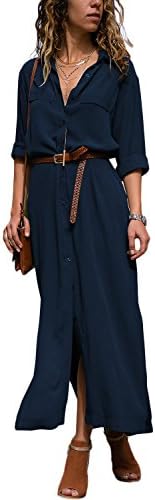 NENONA Women's Button Down Collar Long Sleeve Casual Long Dresses Loose Sexy Split Shirt Dress