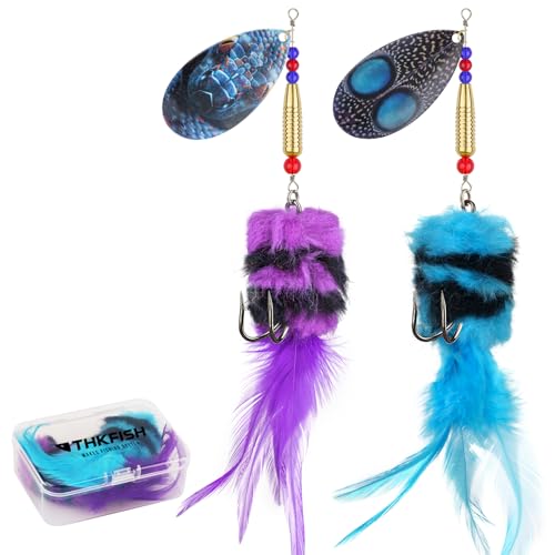 THKFISH Musky Pike Walleye Fishing Lure Rooster Tail Fishing Lures with Hard Metal Brass Inline Spinner Baits with Tackle Box for Trout Bass Salmon Freshwater Saltwater (Purple&Blue 1 oz-2pcs)