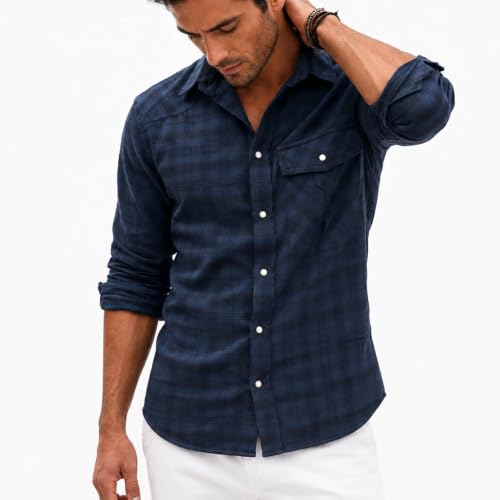 Men Plaid Long Sleeve Button Down Shirt Fall Collared Shirt With Pocket - image 2