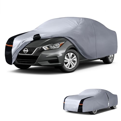 Image of Multi-Layer Car Cover Custom Fit for Nissan Versa (2019-2026), 100% Waterproof All Weather for Automobiles, Gift with Towel, Heavy Duty Car Covers for Rain Sun UV Protection with Door Zipper.