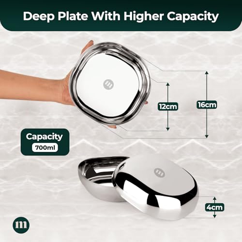 Image of MARU Steel Small Square Snacks /Serving Plates Set of 4 (16 cm Each), Multi-Utility Quarter /Diet Plates for Small Meals with Mirror Finish Design, Perfect for Breakfast, Nashta, Dessert & Daily Use