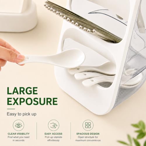 Image of Kitchen Utensil Holder with Drain Tray & Dustproof Cover | 3 Compartment Cutlery Organizer | Self Draining Countertop Storage Rack for Spoons Forks Chopsticks Kitchen Accessories (White)