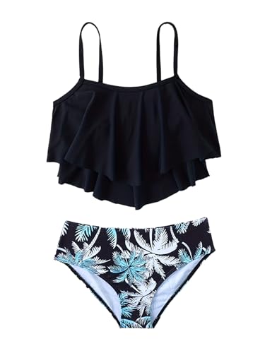 Kids Girls 2Pcs Spaghetti Straps Tankini Top with Graphic Print Bottom Bikini Set Swimsuit Bathing Suit