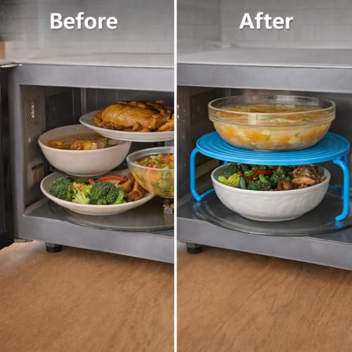 Image of Questsole Stackable Microwave Shelf, Blue, Food Grade Plastic, Space Saving Kitchen Organiser, Refrigerator Storage Rack (2, Blue)