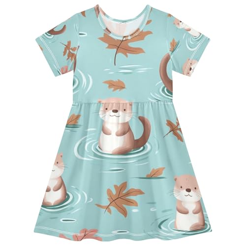 Cute Otters Girls Short Sleeve Dresses, Cotton Short A-line Dress
