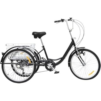 24" 3-Räder Dreirad für Erwachsene 6 Gang Fahrrad Trike mit Licht & Einkaufskorb Bicycle Elektro Dreirad Fahrrad Ausgestattet mit Leuchten und Reflektoren (schwarz)
