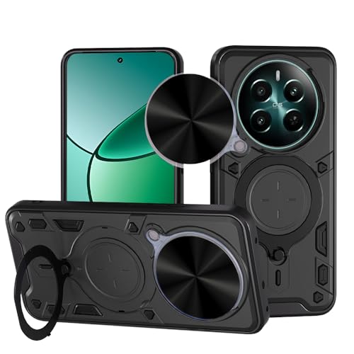 Image of AESTMO Armor Compatible with Realme 12 Plus / P1 / Narzo 70 /70 Pro 5G Bumper Back Case Cover | Ring Holder & CD Pattern Sliding Camera Shutter Cover | 360 Degree Protection Back Case Cover (Black)