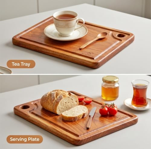 Image of Pure Neem Wood Chopping Board | Natural Anti-Bacterial Wooden Cutting Board for Kitchen | Knife Friendly, Durable & Eco-Friendly Board for Vegetables (Groove Large 14 X 9)