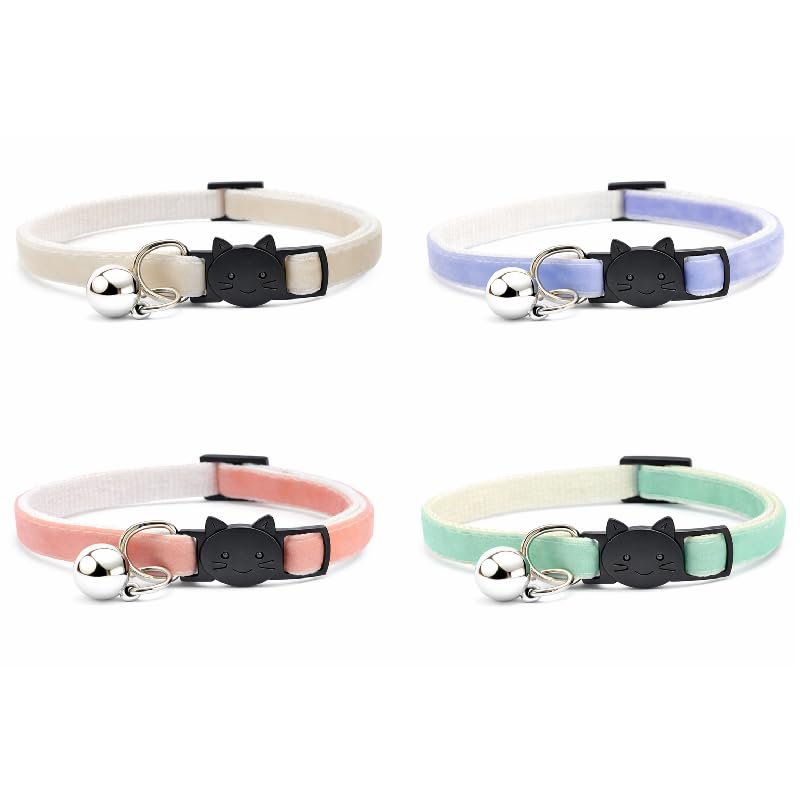 Velvet Cat Collars with Bell. Safe Quick Release Breakaway Buckle | Zacal Cat Collars (Pack of 3) (Cream + Peach + Lilac + Mint Green, Pack of 4)