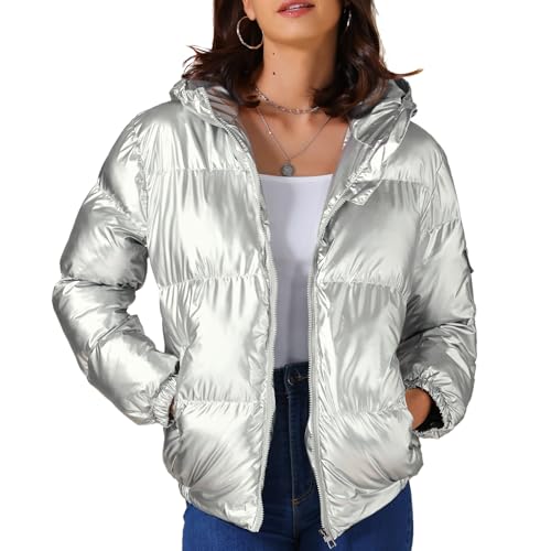 Allegra K Women's Metallic Coats Winter Holographic Shiny Party Puffer Jacket with Hood
