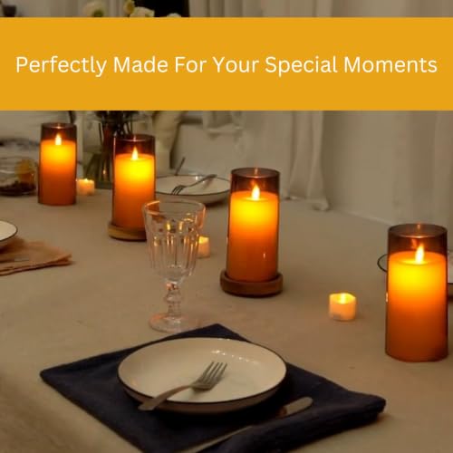 Image of Flameless LED Pillar Candle Set of 2 | Acrylic Fiber Glass | Dancing Faux Wick | Remote Control with Battery Operated 3 AA | Home Decor & Gifting | 3 inch D x 6 inch H | Grey