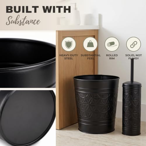 Image of Autumn Alley Handcrafted Black Farmhouse Bathroom Trash Can and Toilet Bowl Brush with Holder Set - Metal Black Bathroom Accessories Set for Classic Bathroom Decor