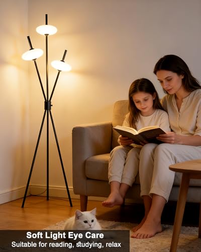 Image of Lightdot Tripod Floor Lamp Stepless Dimmable Black Standing Tall Lamps with 3PCS Elliptical Lampshades Mid Century Modern Floor Lamps for Living Room /Bedroom /Sofa Beside /Corner Decor