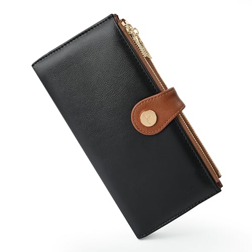 Women’s Wallet,Thin RFID Blocking Leather Wallet for Women Credit Card Holder Travel Wallet with Zipper Pocket(Black＆Brown)