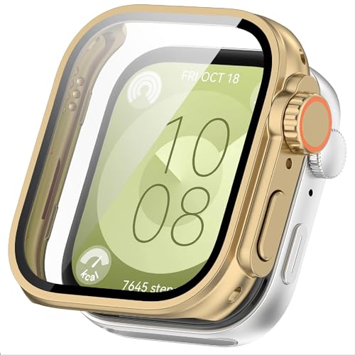 GIOPUEY Case Compatible with Huawei Watch Fit 3, Glass Protective Film + Hard Plastic Bezel, Huawei Watch Fit 3 Cover - gold - Image 3