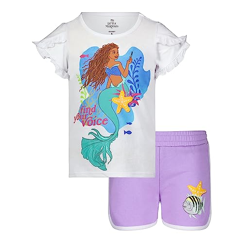 Image of Disney The Little Mermaid Princess Ariel Girls Two Piece Short Sleeve Tee and Short Matching Set Little Girls Purple /White