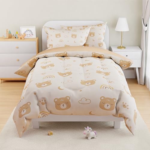 Image of SANDJEST Bear Comforter Set Full Size 98x86in for Kids Boys Girls Unisex, Microfiber 4 Pcs Bedding Set Includes 1 Comforter, 2 Pillowcases, 1 Fitted Sheet, Nursery Room Decor