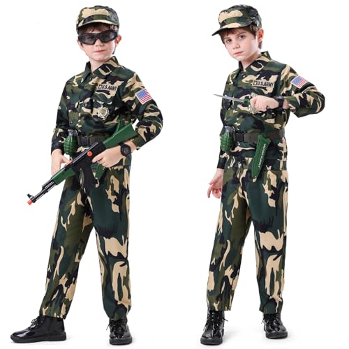 Army Costume for Boys, Halloween Costumes for Kids 3-12 with Accessories, Perfect for Halloween, Birthday Party, Career Day