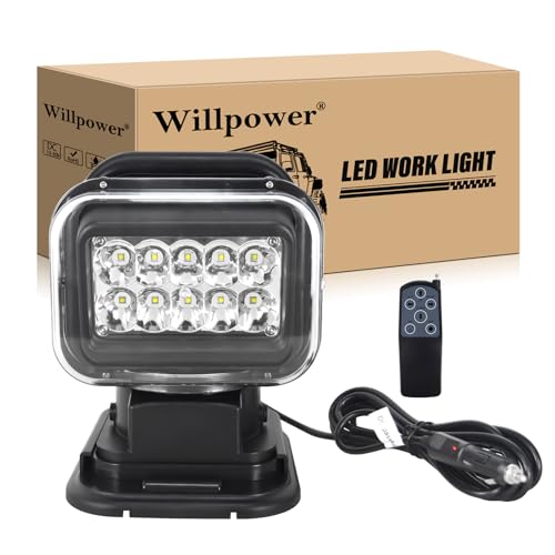Willpower 3D 360º Rotate Remote Control Led Search Lights 50W Spot Beam Portable LED Work Light with Magnetic Base Driving Lamps for Car Offroad Truck ATV Boat Security Emergency Lighting 12V 24V