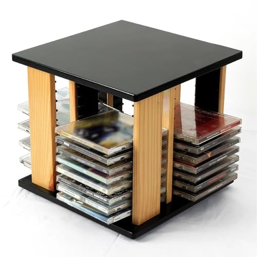 jcwwolk 360°Wood Rotating CD Case Holder, Desktop CD DVD Storage Rack, Holds 45 Standard CD Case, Easy Access, for Home & Office
