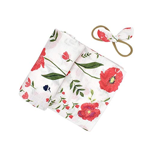 Newborn Baby Receiving Blanket Headband Set Flower Baby Swaddle Receiving Blankets (Newborn Baby, Red Flower)