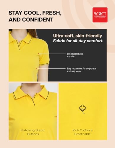 Image of Scott International Women's Cotton Polo T-Shirt | Half Sleeve Plain Collar Tee | Stylish Casual Top | Plain T-Shirt for Girls | Workwear for Office & Casual Wear