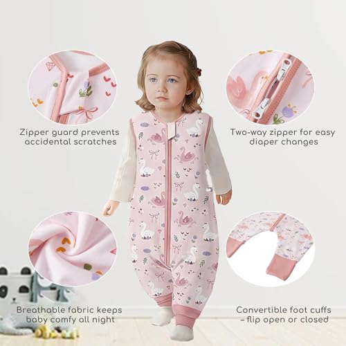 Image of Chilsuessy Toddler Sleep Sack with Feet 2-3 T, 1.0 TOG Cotton Baby Wearable Blanket with Legs, Sleep Bag Walker with 2-Way Zipper, Pink & White