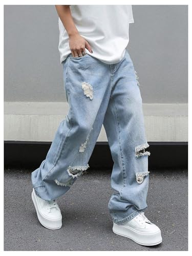 SweatyRocks Men's Baggy Jeans Ripped Loose Low Waist Casual Wide Leg Denim Pants Streetwear3