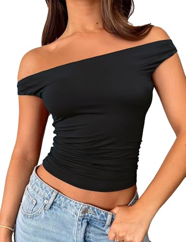 TiulZial Y2K - Top con hombros descubiertos para mujer, para verano, para salir, con doble forro, Negro , S