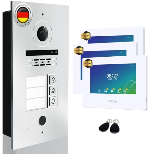 MATHFEL 2 Draht Bus Technik 3 Familienhaus Video Türsprechanlage Gegensprechanlage Fischaugenkamera 170 Grad, 3x7'' Monitor in weiß. Fingerprint und RFID Leser mit 2 Chips
