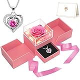 Valentine Gifts for Women, Preserved Flowers Rose Gift for Mom Wife Girlfriend, LED Light Jewelry Box with Necklace, Forever Rose for Mothers, Birthday, Anniversary, Christmas Day Gift (Pink)