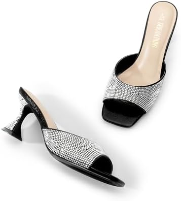 DREAM PAIRS Women’s Clear Heels Square Toe High Stiletto Mules Slip on Wedding Dress Heel Sandals,Size 8.5,BLACK-RHINESTONE,DHS215-2 | Image 3