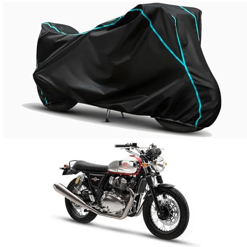 Image of Waterproof Bike Body Cover Compatible for | Royal Enfie Interceptor 650 Strip | Taffeta Fabric, Sky Piping Design, Bottom Elastic Fit | Dustproof, Sun UV & Rain Protection for All Weather.