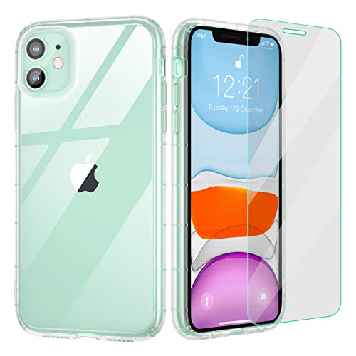[新] iPhone 11 透明手机壳 + 钢化玻璃防震软 TPU 硅胶手机壳重型保护套超薄轻巧手机壳适用于 iPhone 11 6.1 英寸 - 水晶透明