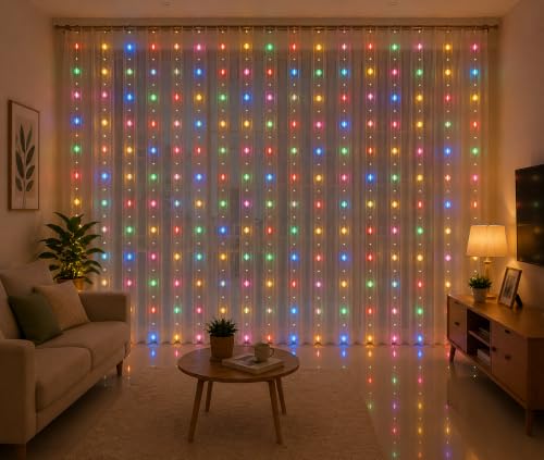 Image of fizzytech Crystal Ball Pendant Fairy Curtain String Lights, 3 x 1 Meter with 8 Lighting Modes for Wedding, Party, Diwali, Christmas & Home Decoration - Multicolour, 80 LED