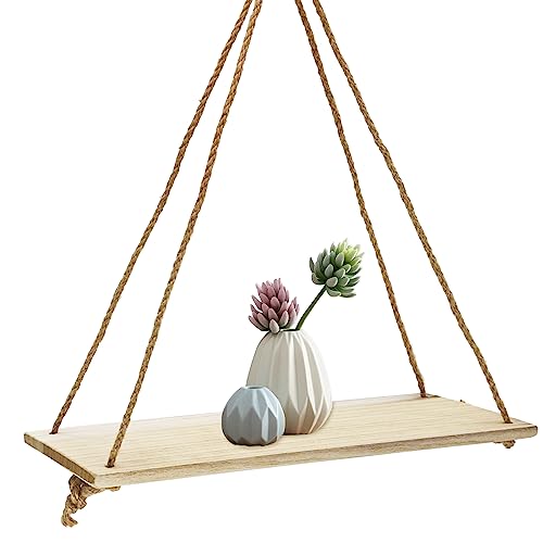 FuninCrea Estante Colgante de Madera, 35 x 14 x 1 cm Estantes Flotantes de Madera con Cuerda para Pared Decorar, Rústicos Estante Flotante Colgante de Maderas Multiusos para Baño, Cocina (Beige)