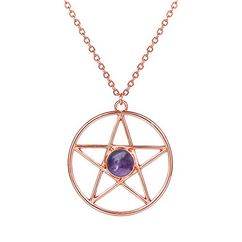 SENFAI Pentagram Star Semi-Precious Stones Pendant Wiccan Pagan Necklace 18 Inch (Amethyst, rose-gold-plated-base)