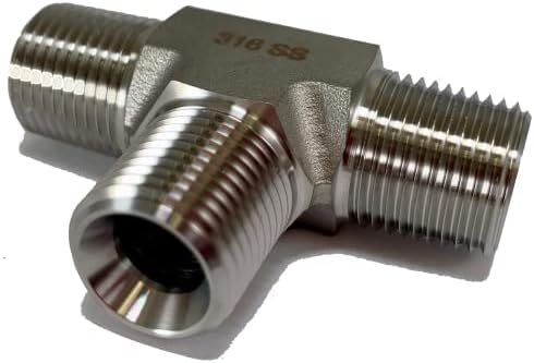 316 Stainless Steel 3/8” NPT Male Three Way Tee Joint - Taper Hex Thread for Air, Liquid, Water, Oil or Hydraulic Fitting - Industrial Air Tool Hose Pipe Connections 316SS