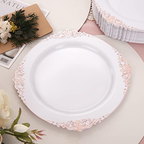 Morejoy 100 Pieces Rose Gold Plastic Plates - Rose Gold Disposable Plates - 10.25Inch White Plastic Dinner Plates With Rose Gold Rim For Weddings & Parties & Shower #TOP1