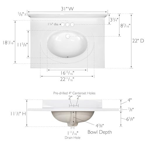 Image of Design House Cultured Marble Vanity Top, 31 in W x 22 in D, Integrated 4 in Centerset Oval Sink & Backsplash, Solid White, 586230