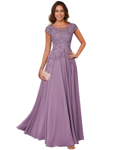 Image of Lace Applique Chiffon Mother of Bride Dresses - Short Sleeve Pleated Long Mother of The Groom Dress