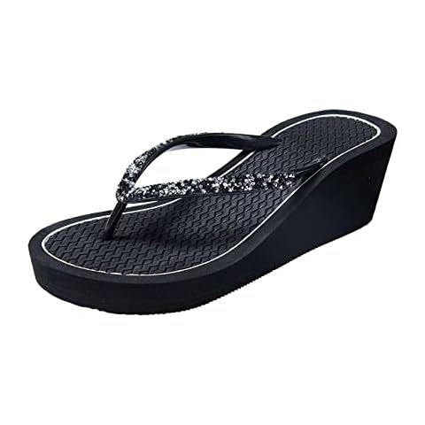 Meidiastra Women's Rhinestone Wedge Flip Flops 2.4 Inch Clip Toe Platform Sandals Pool Beach Thong Flip-Flops Black 39 Cover