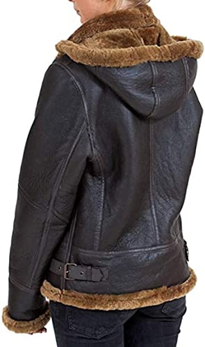 Womens B3 Shearling Sheepskin Flying Jacket Hood Soft Brown Wool Leather Jacket (S) #TOP1