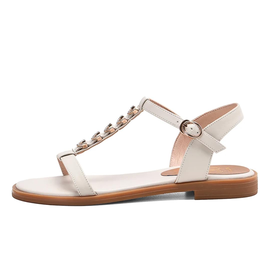 Sandalias redondas de verano para mujer, con correa frontal y trasera, tacón cuadrado, con correa en T, de piel de vaca, con detalles de cristales