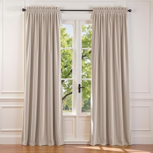 Image of Oatmeal Velvet Curtains Cream Rod Pocket 52x84 Inch 2 Panels | Soft Velvet, Room Darkening, For Bedroom & Living Space, Light Shifting Texture, Elegant Drape, Warm