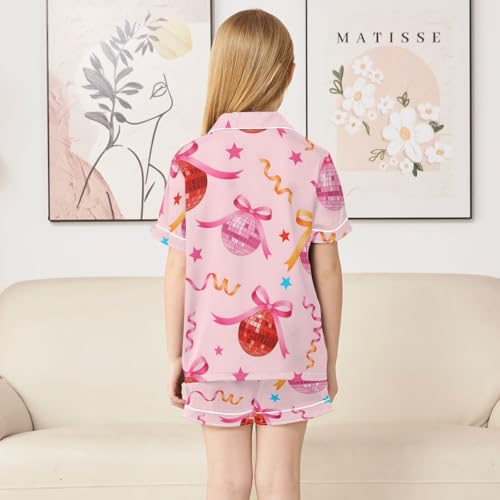Satin Pajama Sets Short Sleeve Disco Balls with Ribbons Pattern Button Down Silky Nightwear 2 Piece PJS 5-14Y4