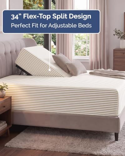 Image of Extra Deep Flex Top Split Head King Fitted Sheet - Hotel Luxury Single Fitted Sheet Only - Easily Fits 18 inch to 24 inch Mattress - Ultra Soft, Wrinkle Free w /Extra Deep Pockets - Beige Stripes 2