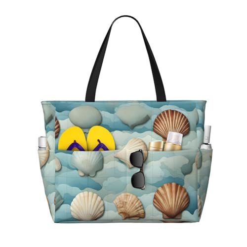 Sea Shell Print Waterproof Beach Bag For Womentote Bag Zipper And Pockets For Travel Vacation