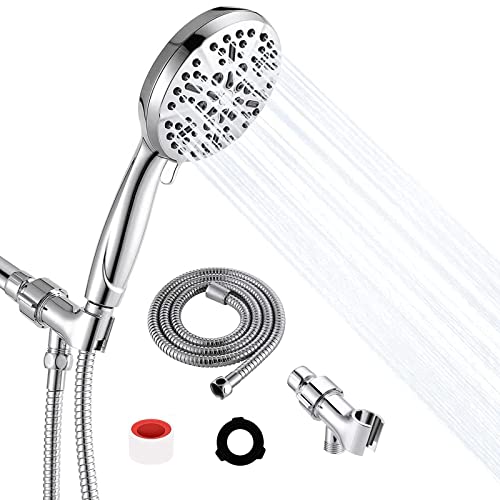 Shower Head, 5 Setting High Pressure Handheld Shower Head, 4.9 inch High Flow Adjustable Shower Heads Set with 59 inch Stainless Steel Hose Bracket Teflon Tape Rubber Washers, Silver Shower Head, 5 Setting High Pressure Handheld Shower Head, 4.9 inch High Flow Adjustable Shower Heads Set with 59 inch Stainless Steel Hose Bracket Teflon Tape Rubber Washers, Silver